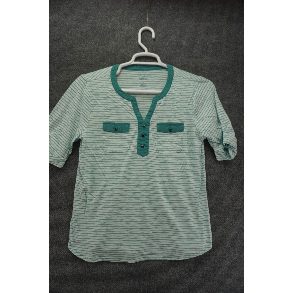 Croft Barrow TShirt Womens Large Roll Tab Sleeve Green White Striped